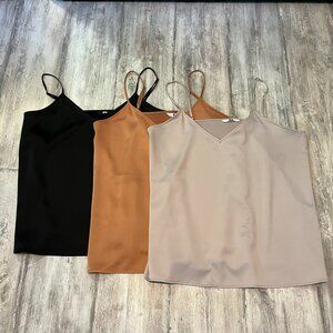 Lot of 3 Uniqlo Satin Camisole Tops - Black, Light Gray, Copper - Size Large